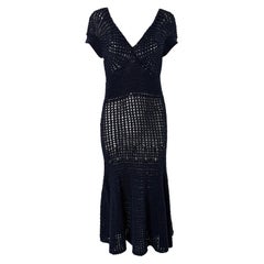 Ralph Lauren Vestido de manga corta de punto abierto de algodón/lino azul marino S