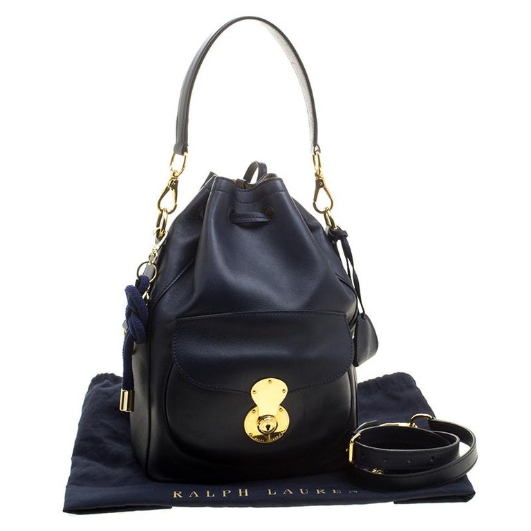 Ralph Lauren Navy Blue Leather Ricky Drawstring Bucket Bag For Sale at