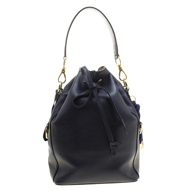 Ralph Lauren Navy Blue Leather Ricky Drawstring Bucket Bag For Sale at