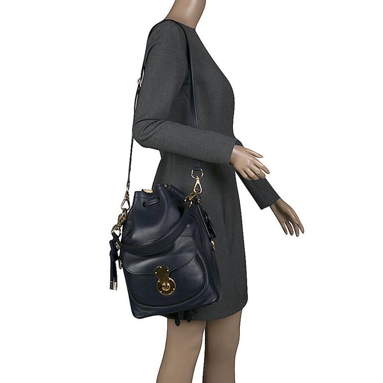 Ralph Lauren Navy Blue Leather Ricky Drawstring Bucket Bag