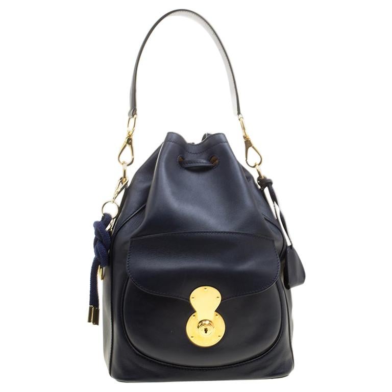 Ralph Lauren Navy Blue Leather Ricky Drawstring Bucket Bag For Sale at ...