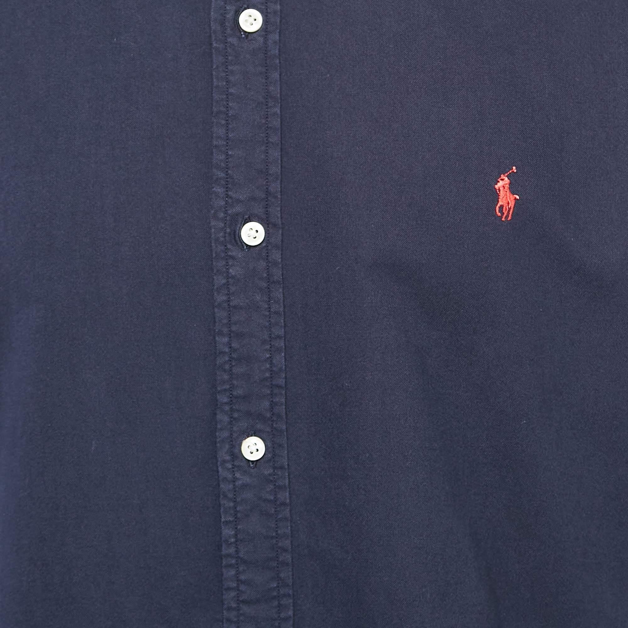 Black Ralph Lauren Navy Blue Logo Embroidered Button Down Shirt XXL For Sale