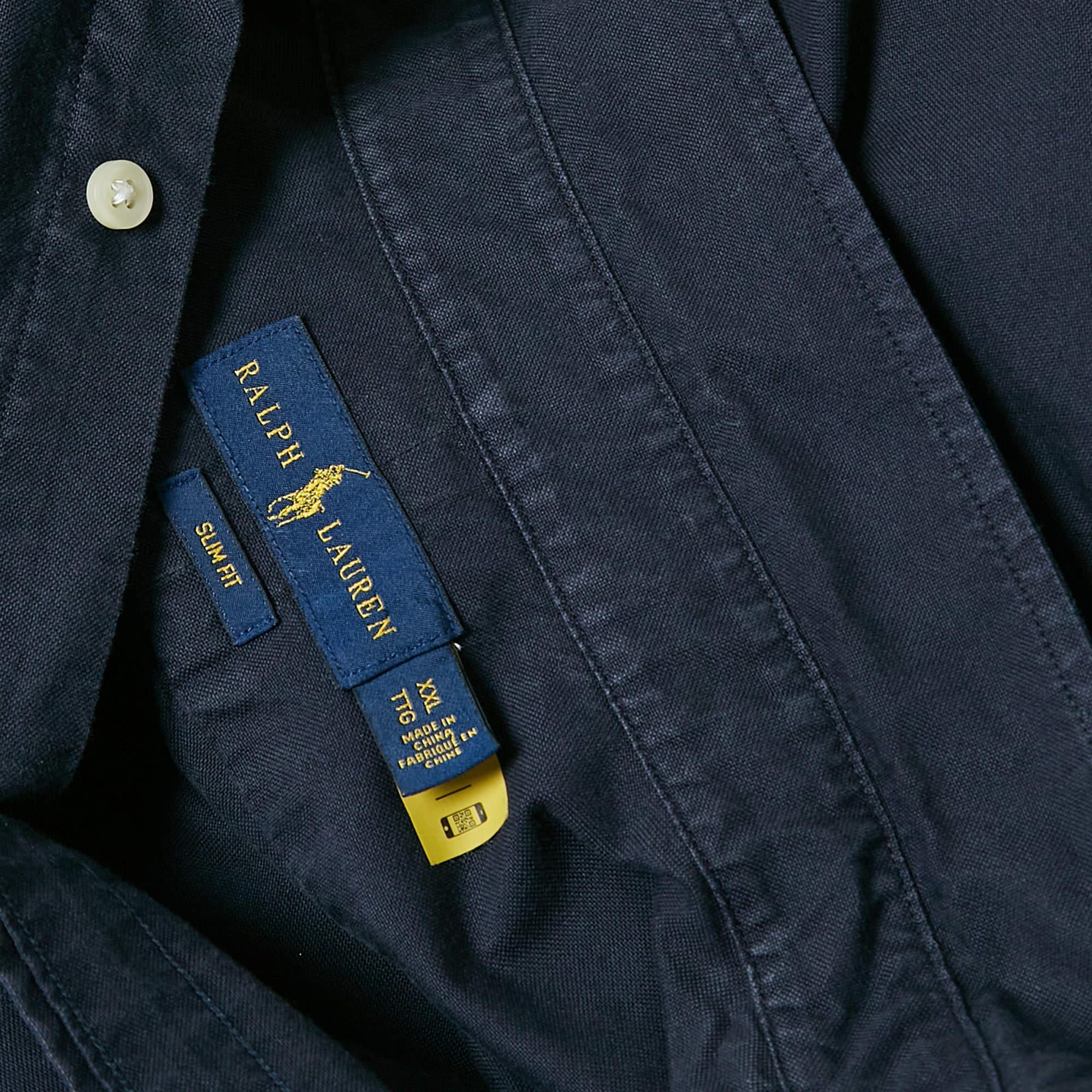 Ralph Lauren Navy Blue Logo Embroidered Button Down Shirt XXL In Fair Condition For Sale In Dubai, Al Qouz 2