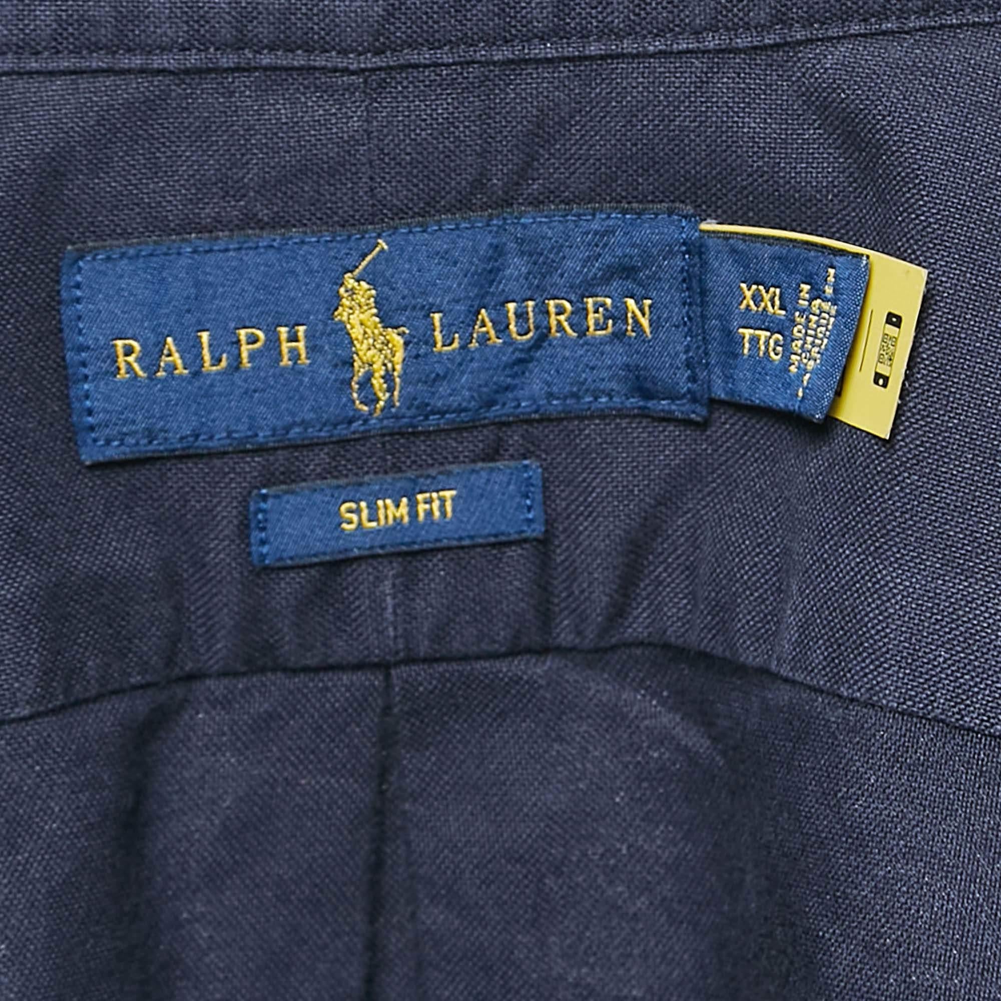 Men's Ralph Lauren Navy Blue Logo Embroidered Button Down Shirt XXL For Sale