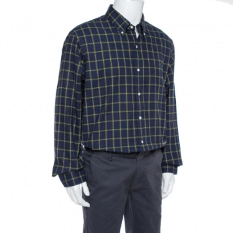 Black Ralph Lauren Navy Blue Plaid Cotton Long Sleeve Button Front Shirt XXL For Sale