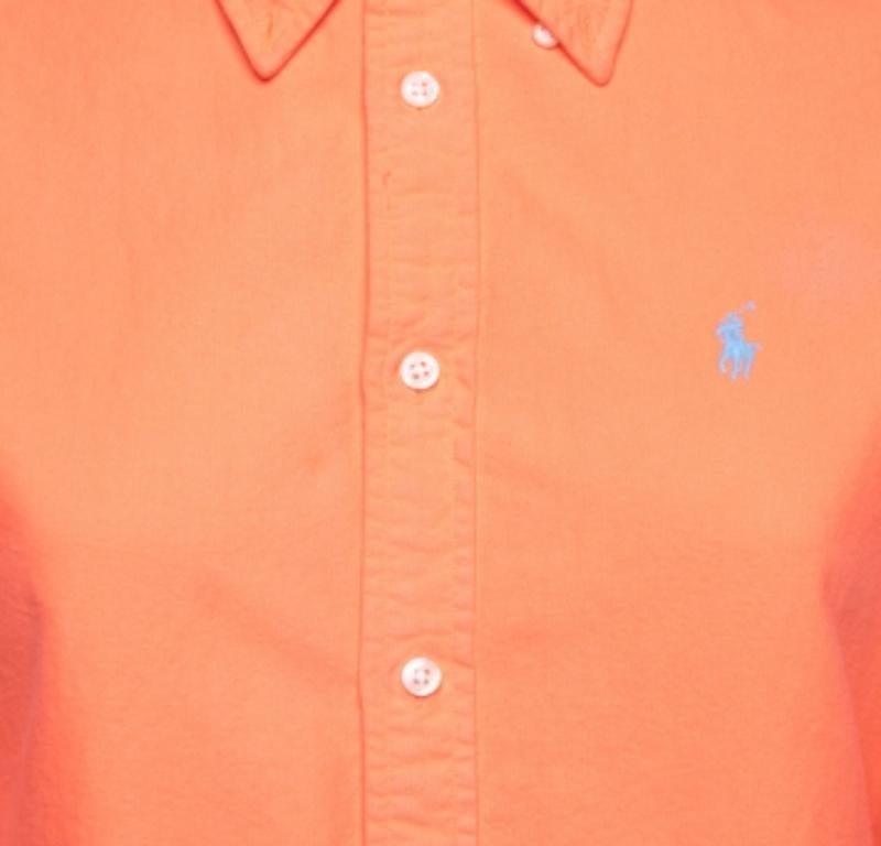 Ralph Lauren Neon Orange Baumwollhemd mit Knopfleiste vorne, maßgefertigt S im Zustand „Gut“ im Angebot in Dubai, Al Qouz 2