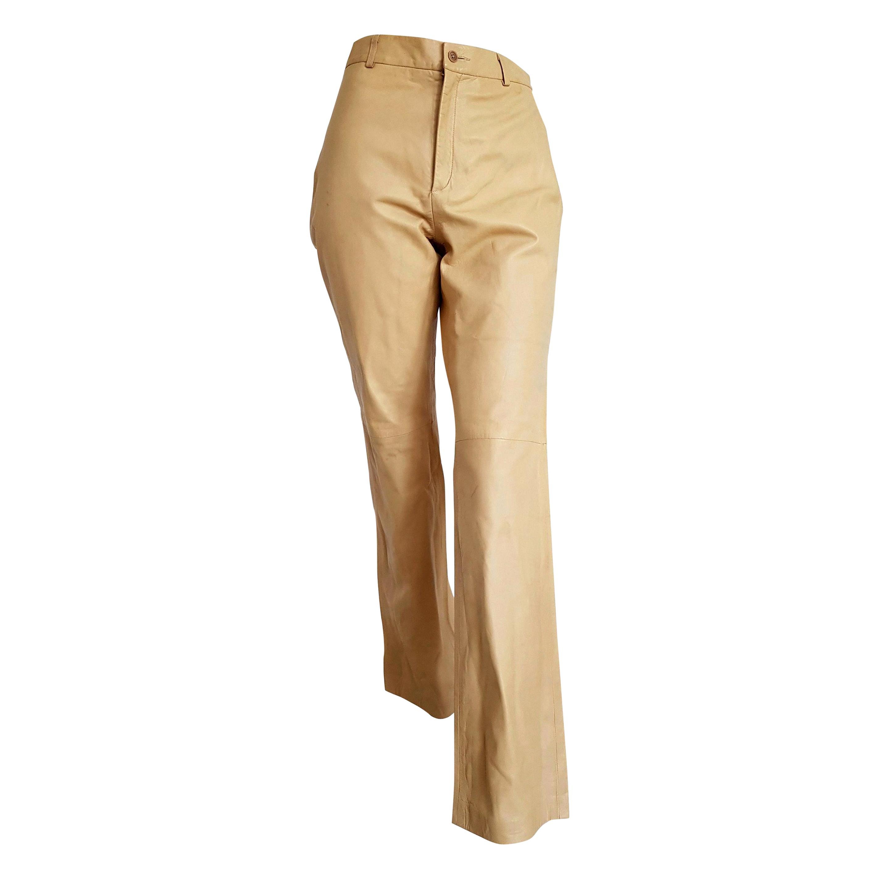 RALPH LAUREN "New" Beige Light Yellow Leather Pants - Unworn For Sale