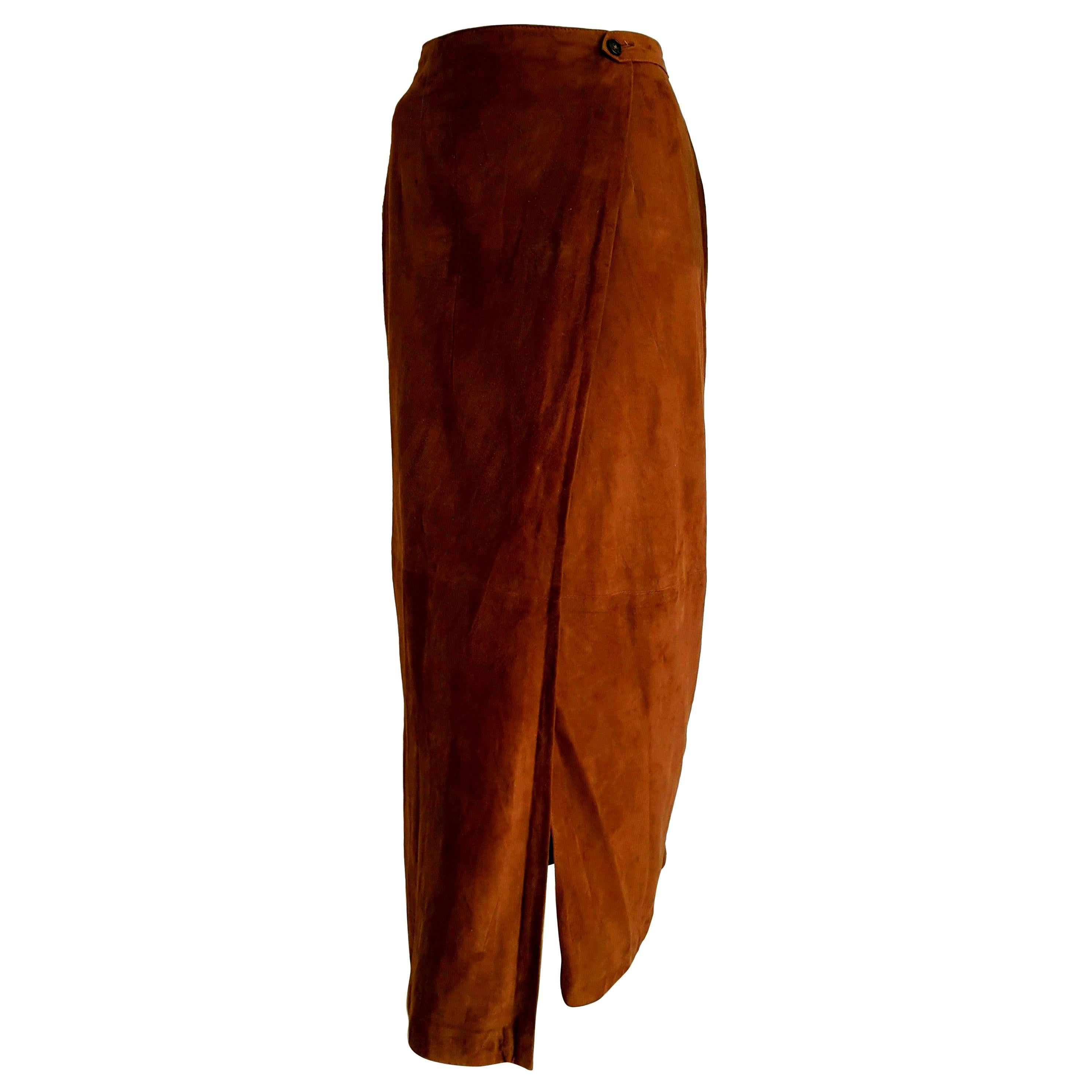 RALPH LAUREN "New" Brown Suede Silk Lined Long Skirt - Unworn For Sale