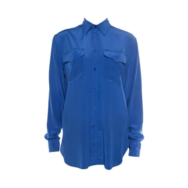 Ralph Lauren Ocean Blue Silk Button Front Safari Shirt M For Sale at 1stDibs