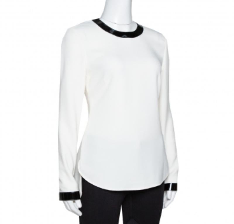 Grigio Ralph Lauren Off White Crepe Contrast Leather Trim Blouse S in vendita