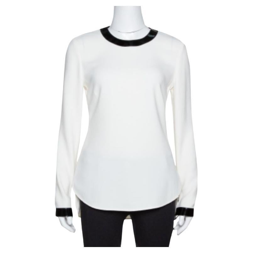 Ralph Lauren Off White Crepe Contrast Leather Trim Blouse S in vendita