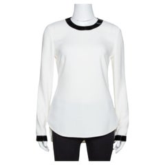 Ralph Lauren Off White Crepe Contrast Leather Trim Blouse S