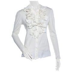 Ralph Lauren Off White Knit Ruffled Neck Button Front Top L