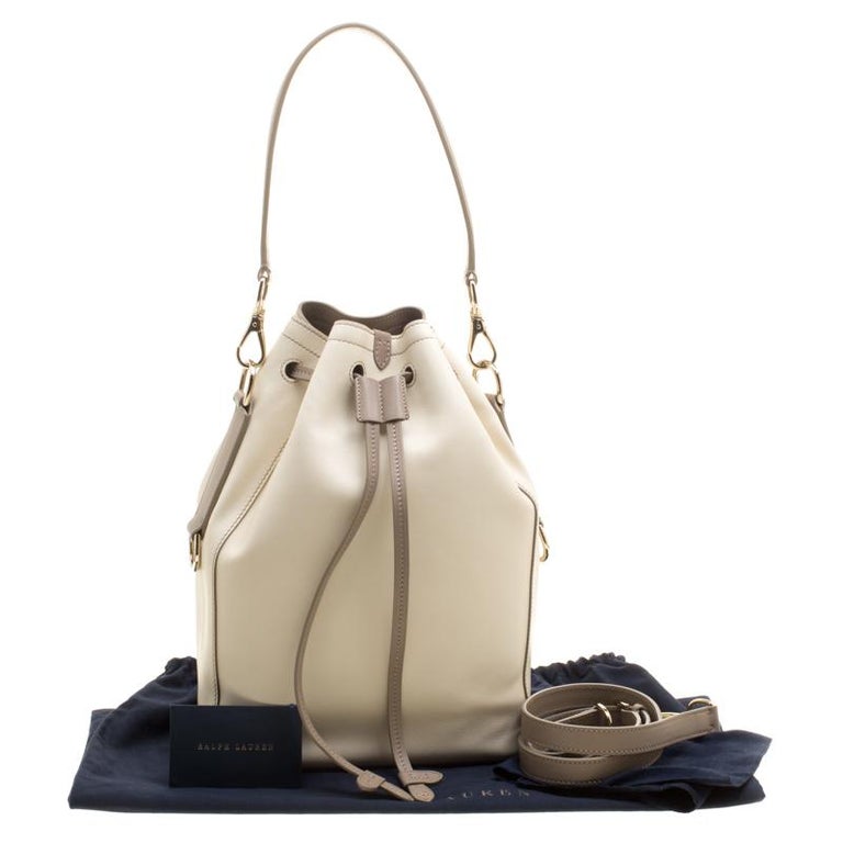 Ralph Lauren Off White/Taupe Leather Ricky Drawstring Bucket Bag For ...