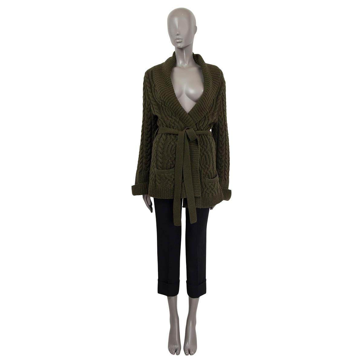 100% authentic Ralph Lauren cardigan in olive cashmere (55%) and wool (45%). Features a cable-knit elements, two pockets and a self-tie belt. Unlined. Has been worn and is in excellent condition. 

Measurements
Tag Size	XL
Size	XL
Shoulder