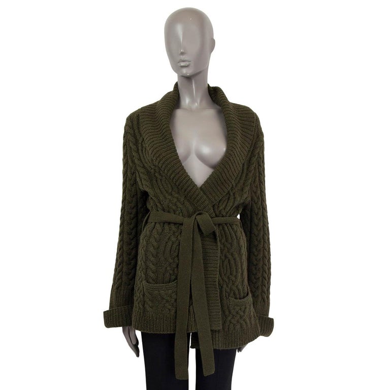 RALPH LAUREN olive green cashmere blend CABLE KNIT Cardigan