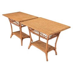 Ralph Lauren Organic Modern Woven Wicker Rattan Nightstands, Pair