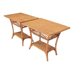 Ralph Lauren Organic Modern Woven Wicker Rattan Nightstands, Pair