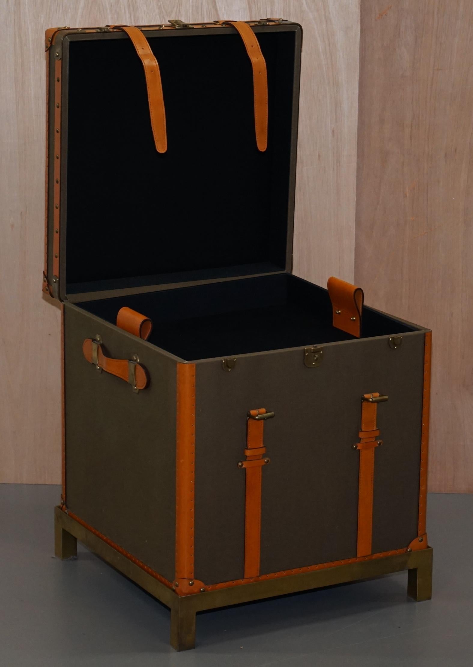 20th Century Ralph Lauren Oxford Leather Bound Nickle Luggage Trunks Side Tables