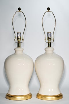 Ralph Lauren Pair of Large Urn Table Lamps, White Craquelure Glaze