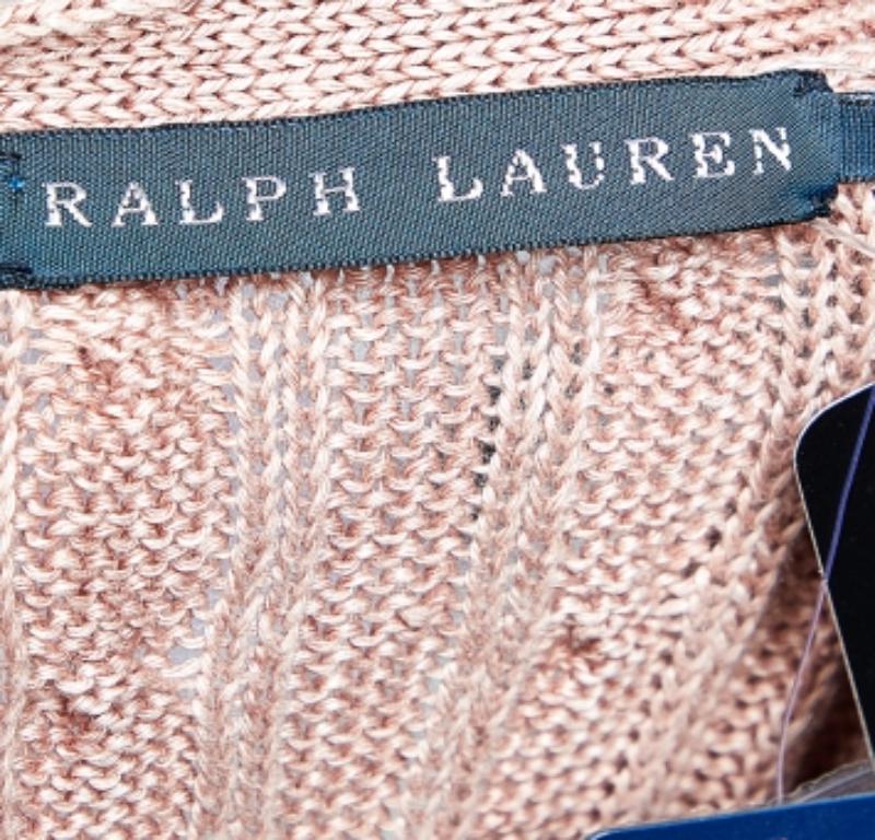 Beige Ralph Lauren Pale Pink Linen Cable Knit Sleeveless Button Front Cardigan S