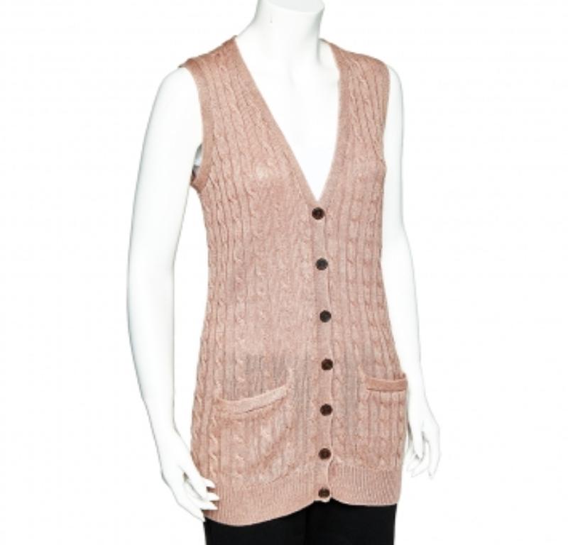 Ralph Lauren Pale Pink Linen Cable Knit Sleeveless Button Front Cardigan S 1
