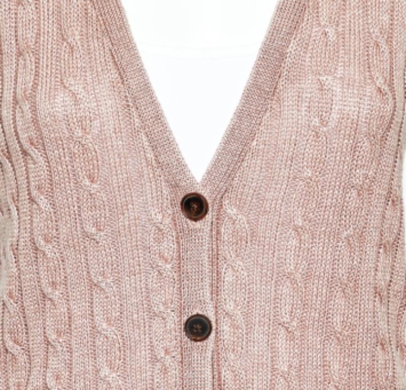 Ralph Lauren Pale Pink Linen Cable Knit Sleeveless Button Front Cardigan S 2