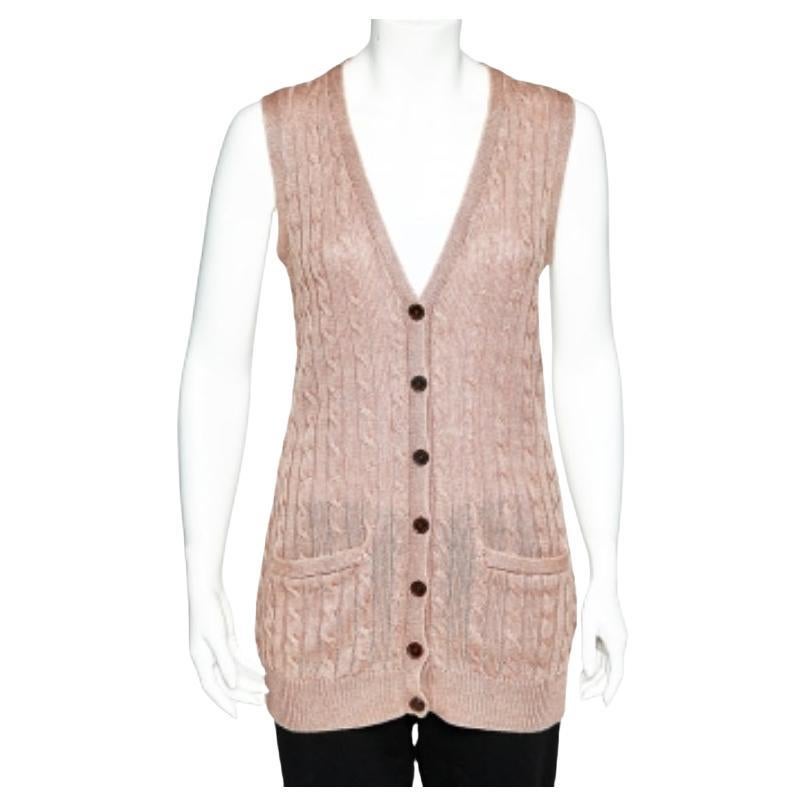 Ralph Lauren Pale Pink Linen Cable Knit Sleeveless Button Front Cardigan S