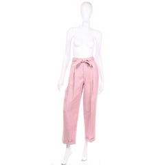 Ralph Lauren Pink Linen Vintage High Waisted Trousers With Sash Belt