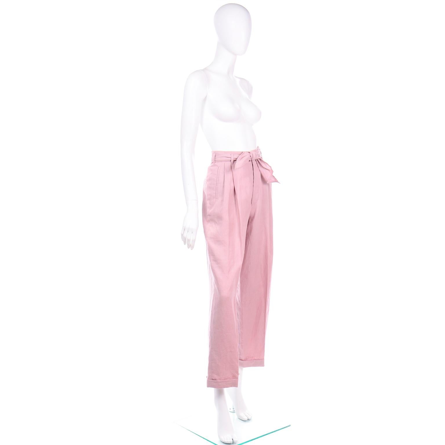 Ralph Lauren Rosa Vintage Leinenhose mit hoher Taille und Gürtelschärpe (Pink) im Angebot