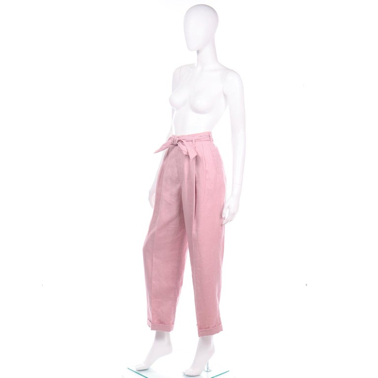 Ralph Lauren Pink Linen Vintage High Waisted Trousers With Sash Belt