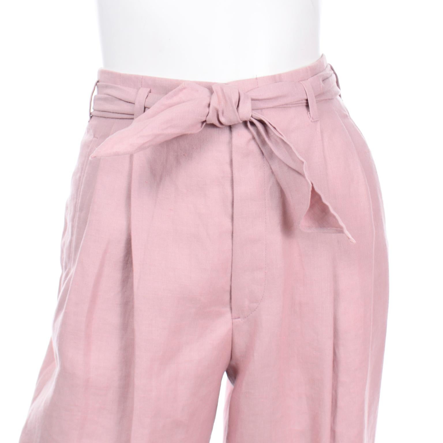 Ralph Lauren Pink Linen Vintage High Waisted Trousers With Sash Belt In Excellent Condition For Sale In Portland, OR