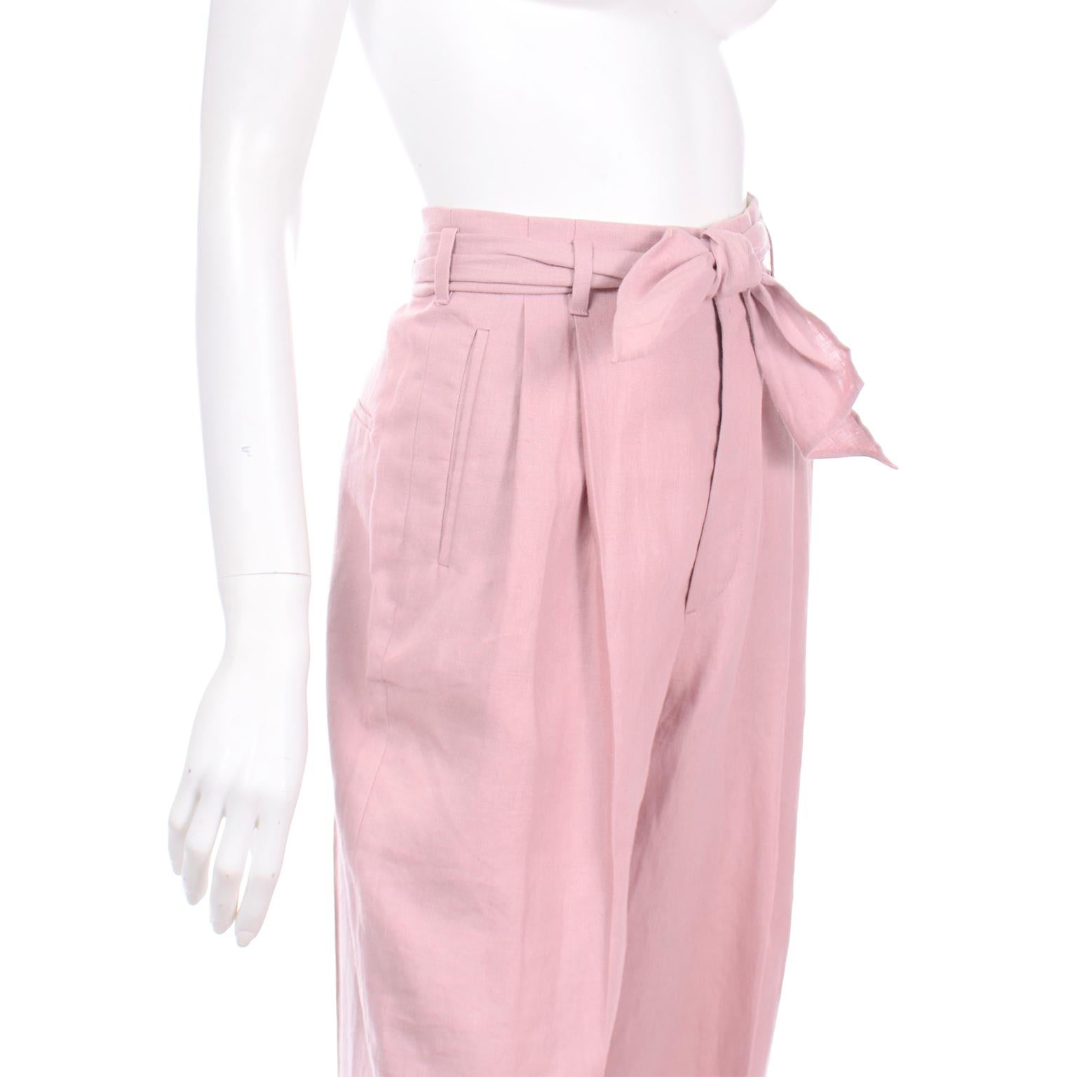 Women's Ralph Lauren Pink Linen Vintage High Waisted Trousers With Sash Belt For Sale