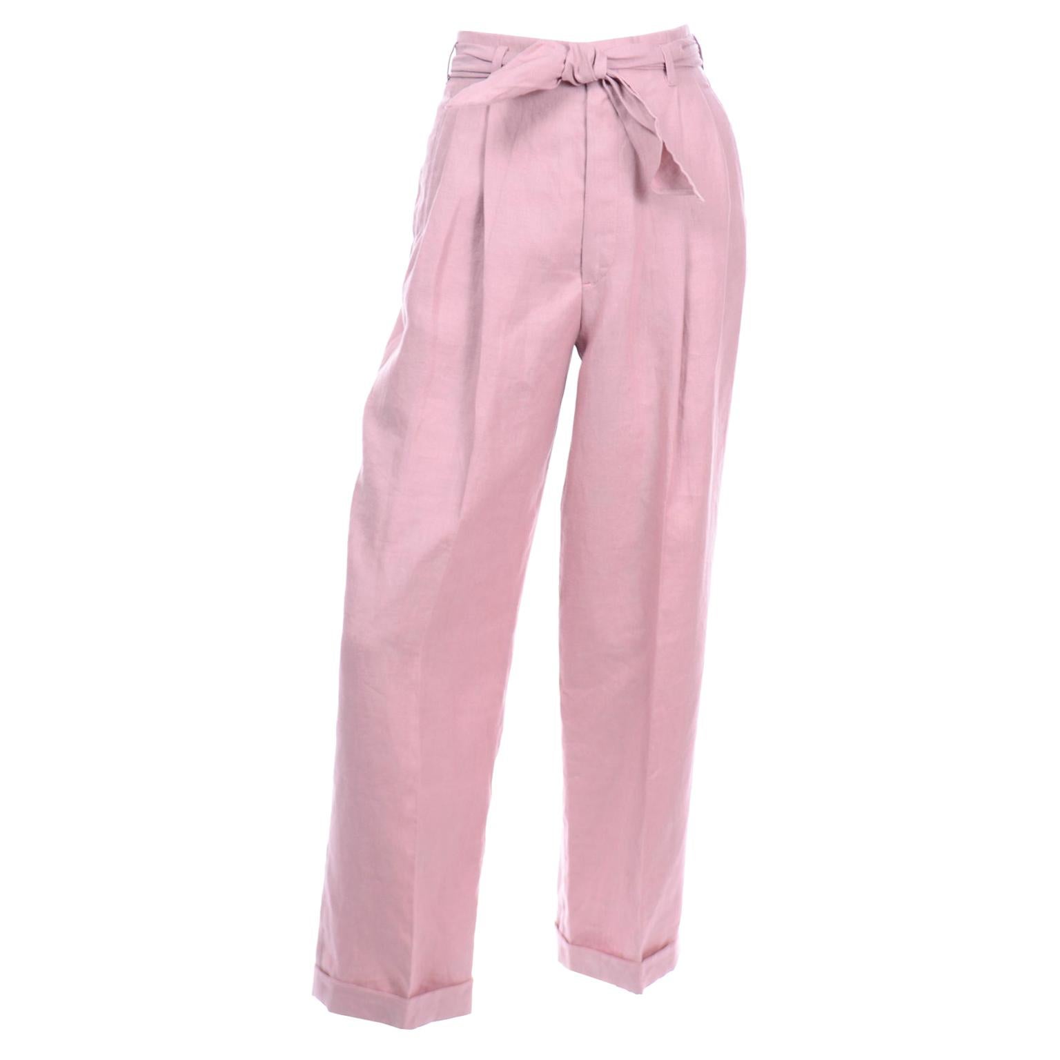 Ralph Lauren Pink Linen Vintage High Waisted Trousers With Sash Belt For Sale