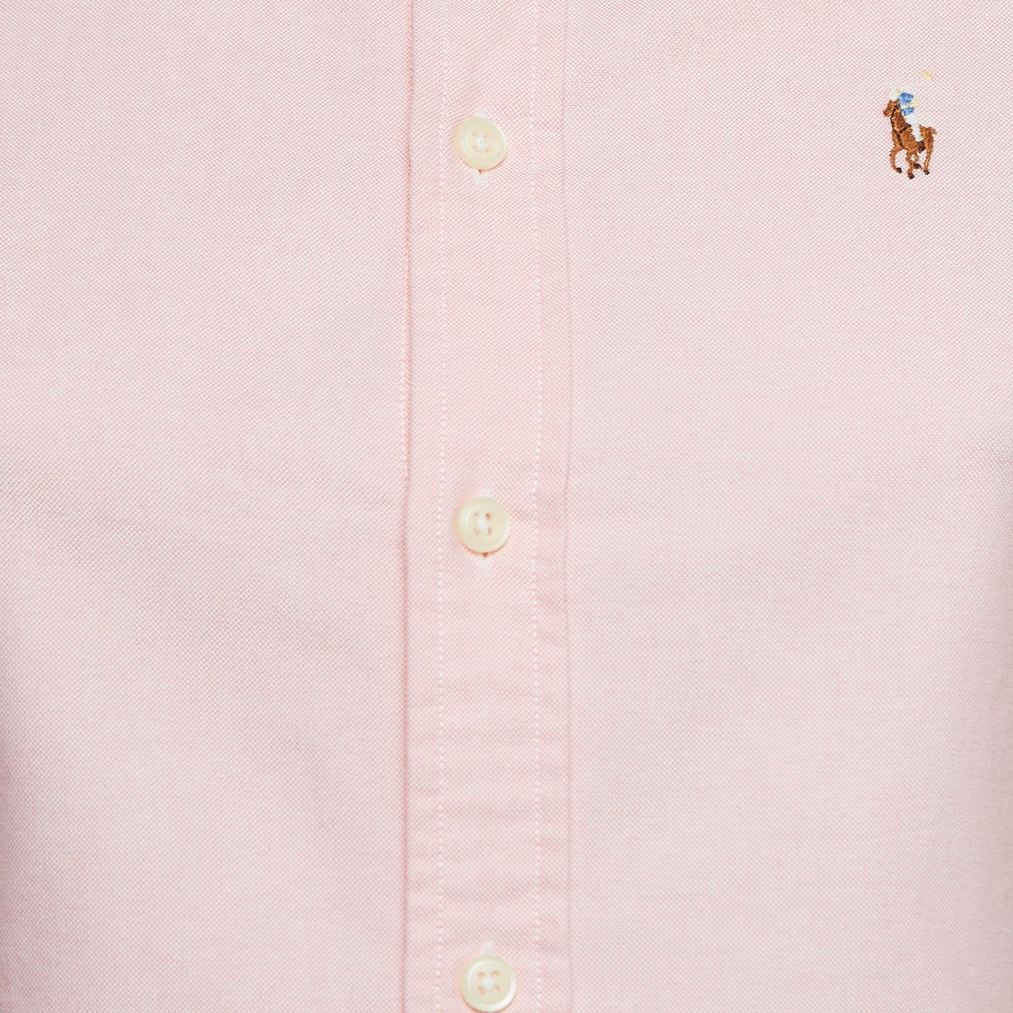 Beige Ralph Lauren Pink Logo Embroidered Cotton Button Down Shirt XS