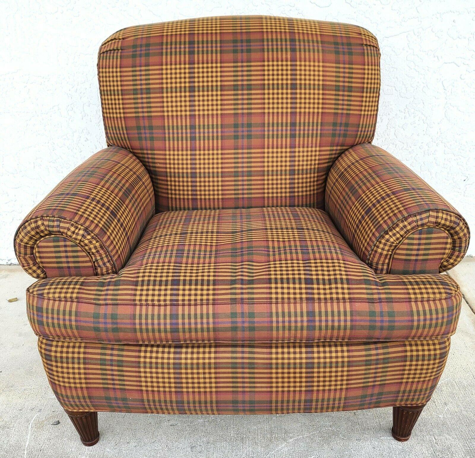 Offering one of our recent palm beach estate fine furniture acquisitions of a 
Ralph Lauren plaid library reading armchair with arm covers

Approximate measurements in inches
38
