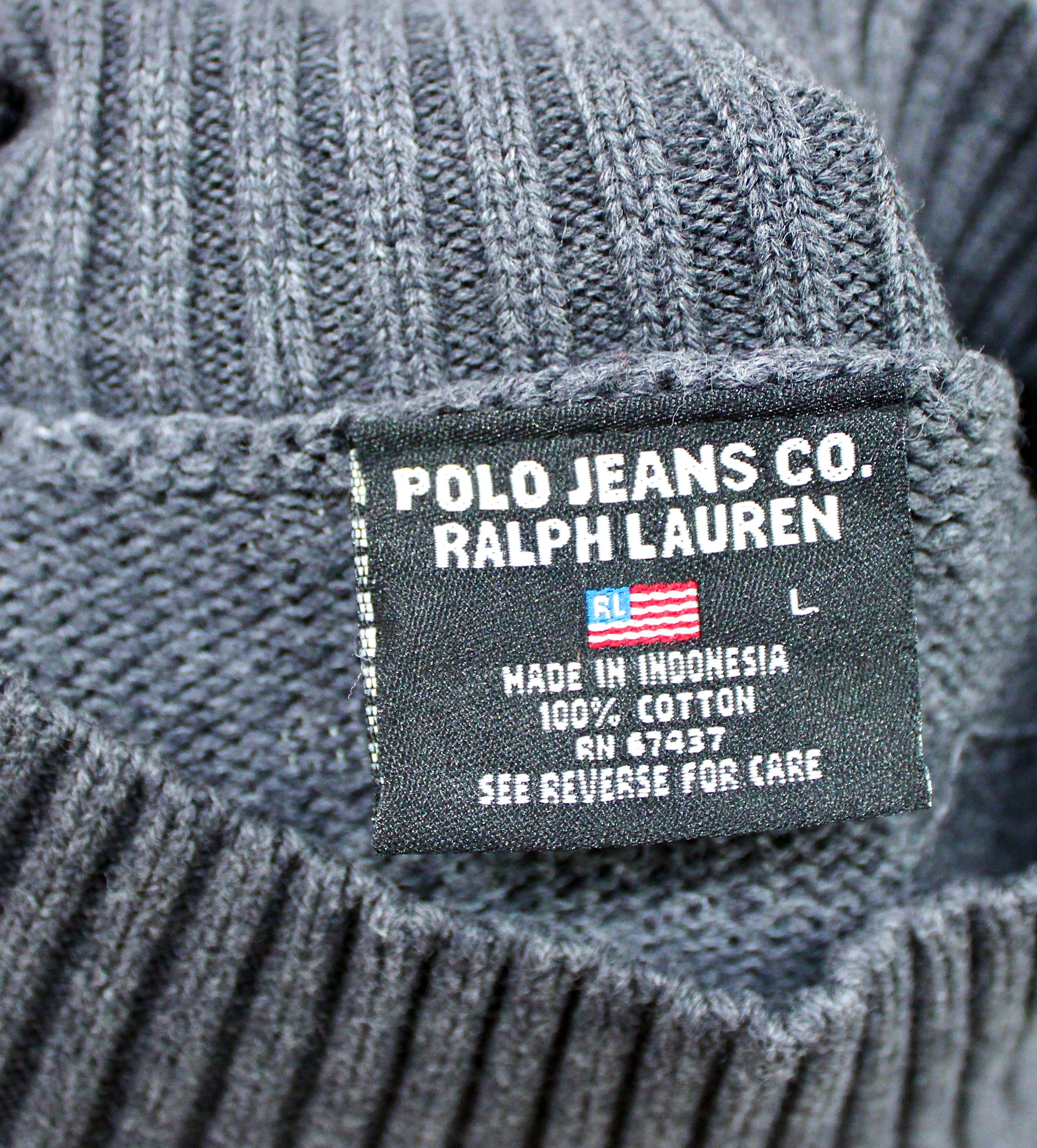 Ralph Lauren Polo Jeans Co. Pull à col roulé en coton gris circa 1990 en vente 3