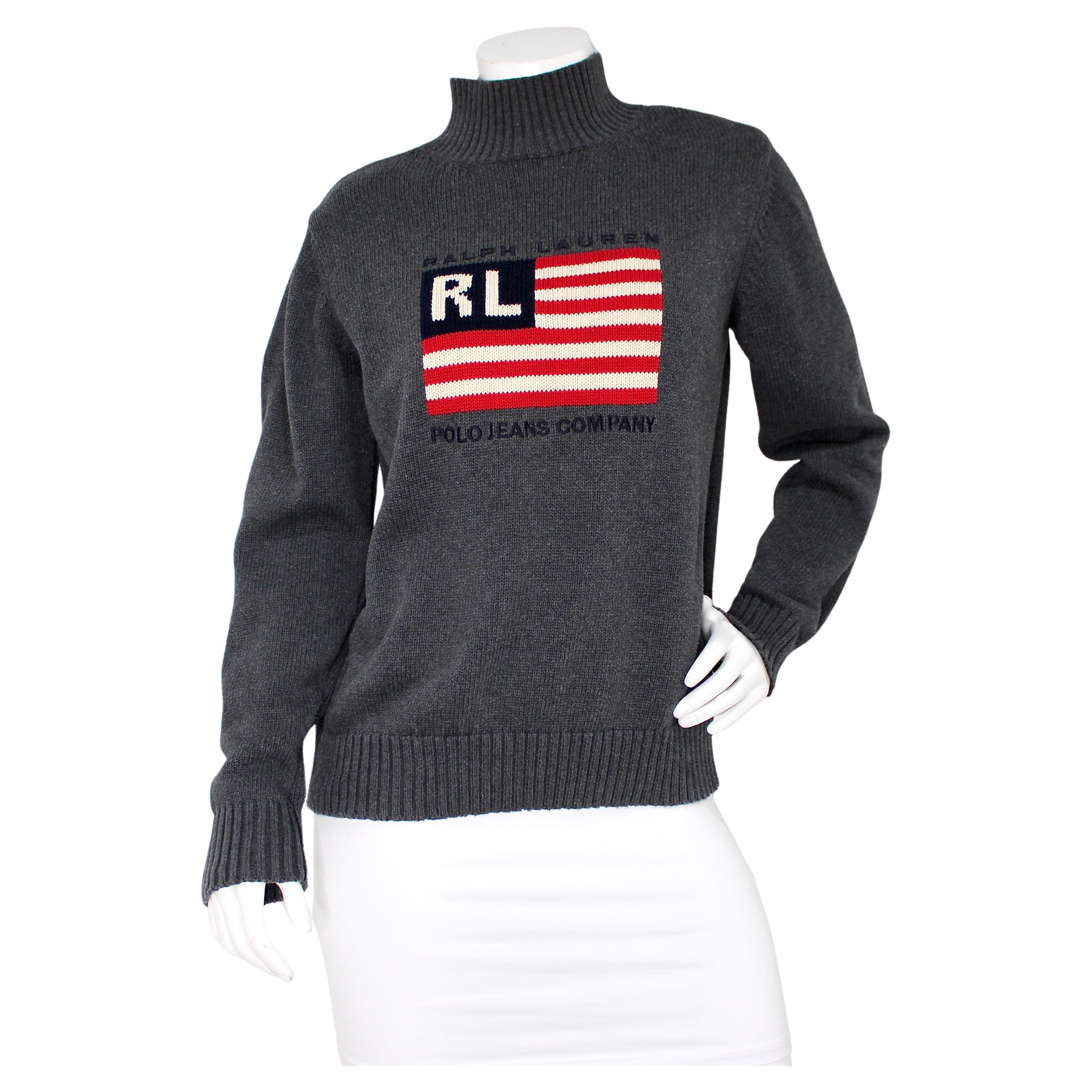 Ralph Lauren Polo Jeans Co. Grey Cotton Knit Turtleneck Sweater circa 1990s