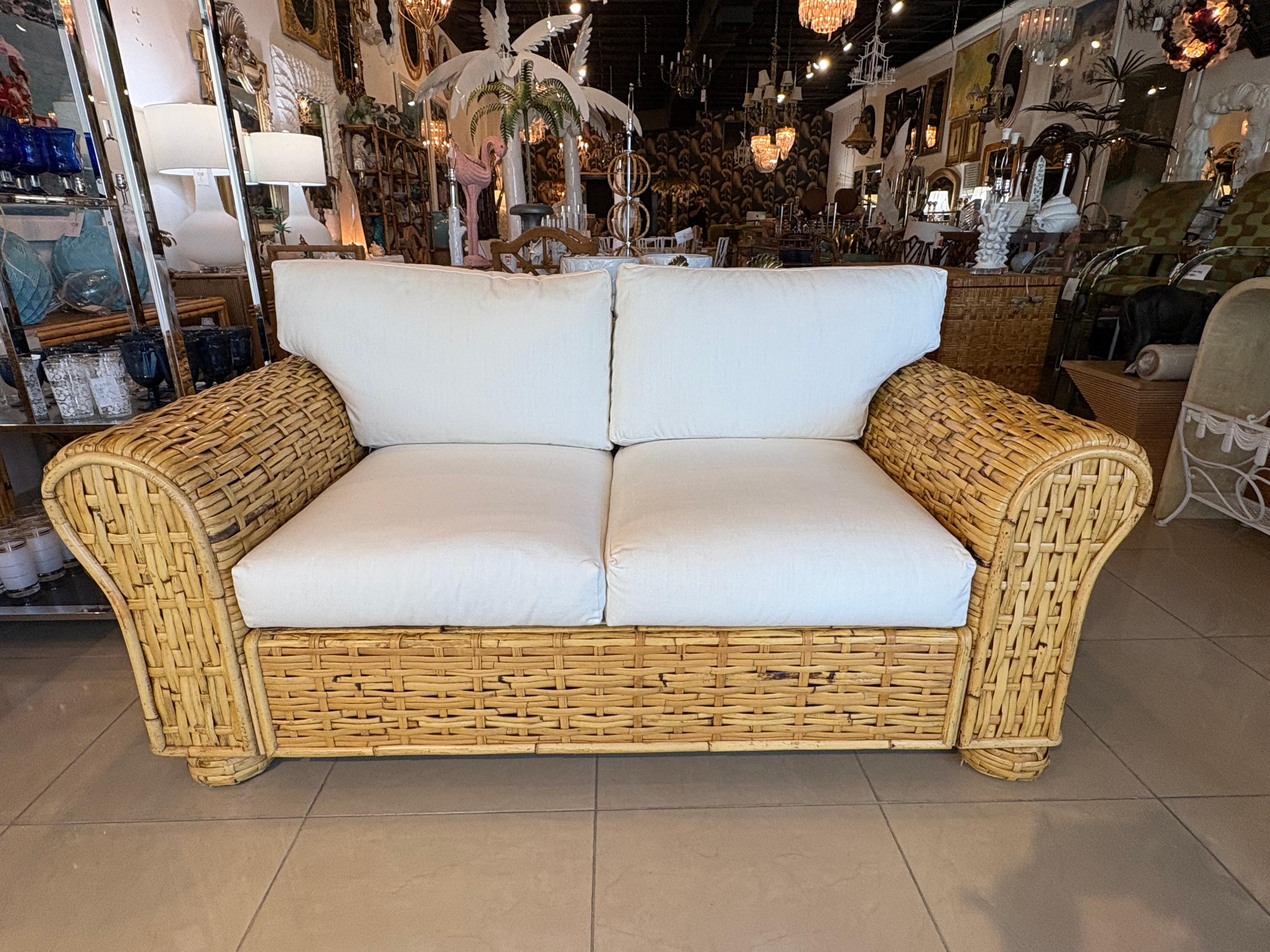 American Ralph Lauren Polo Organic Woven Rattan Wicker Coastal Loveseat 20th Century For Sale