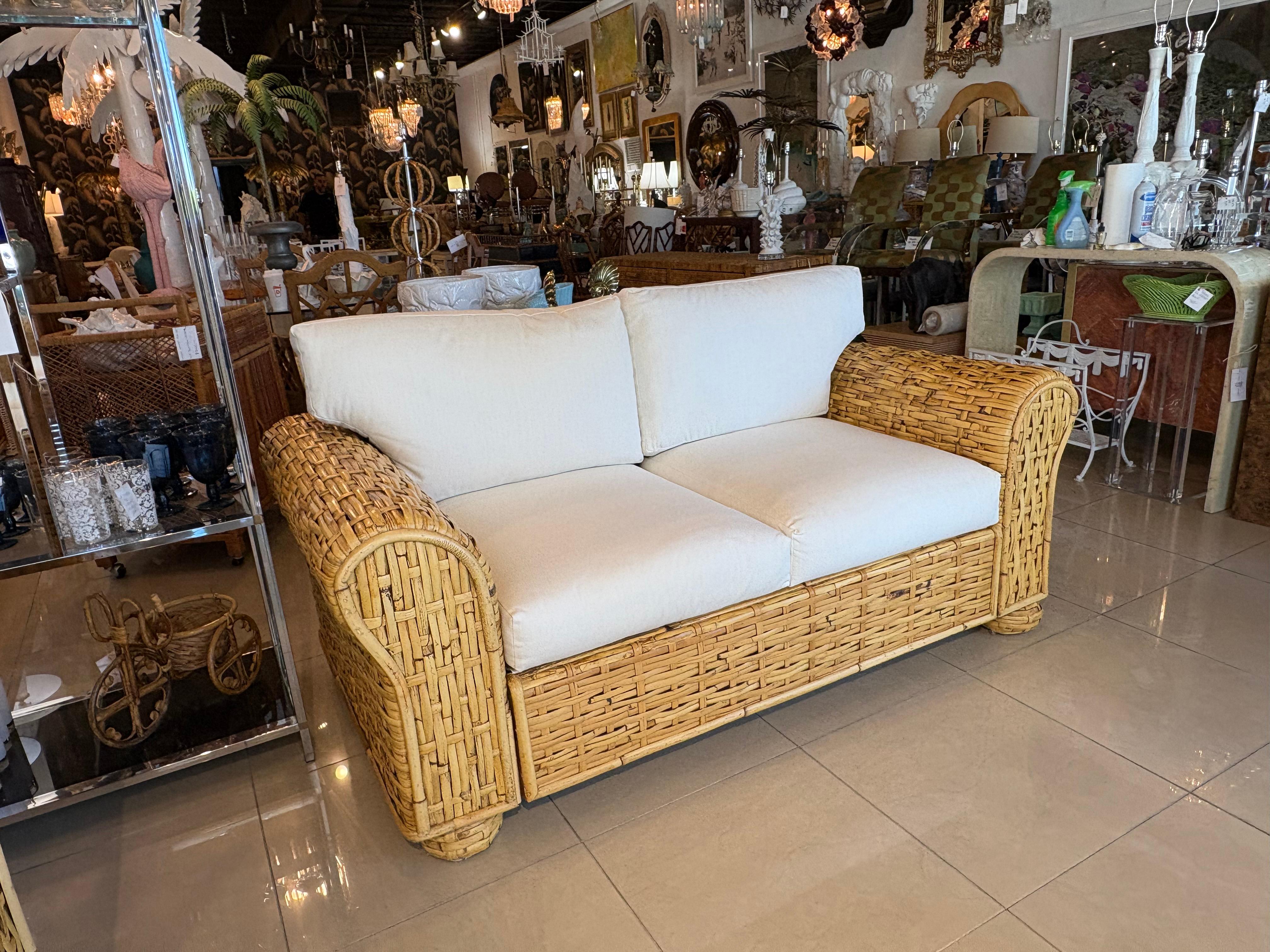 Upholstery Ralph Lauren Polo Organic Woven Rattan Wicker Coastal Loveseat 20th Century For Sale