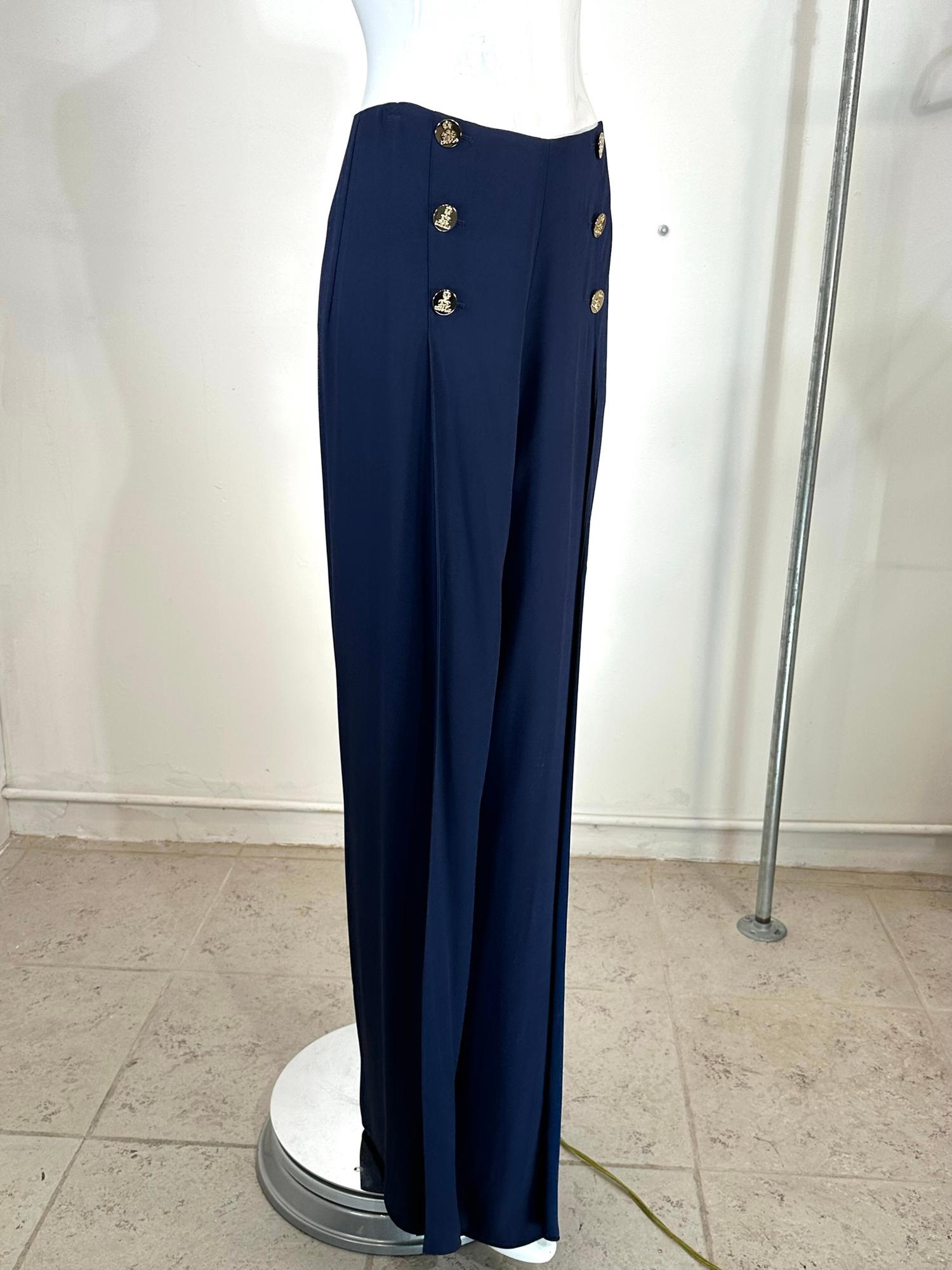 Ralph Lauren Purple Label pre fall 2018 pant. Navy blue fluid wide leg pant, the legs are each wrapped & open above the knee, when you walk you can show some leg. The pant sits at about the hip bone top and is seamed with a ribbon band at the