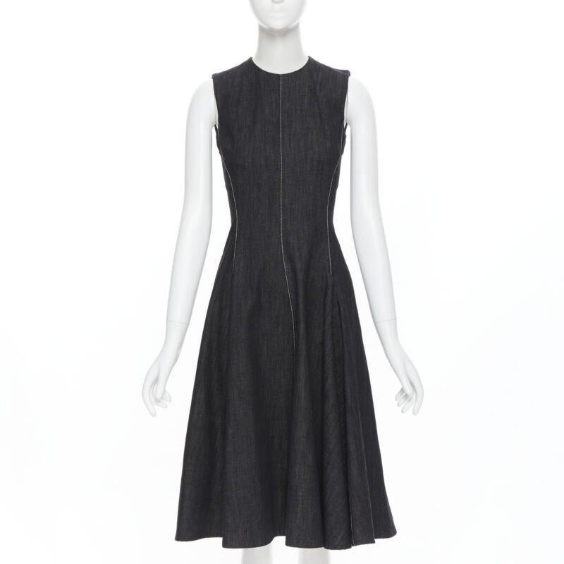 RALPH LAUREN Purple Collection black denim overstitch fit flare dress US0 XS In Good Condition In Hong Kong, NT