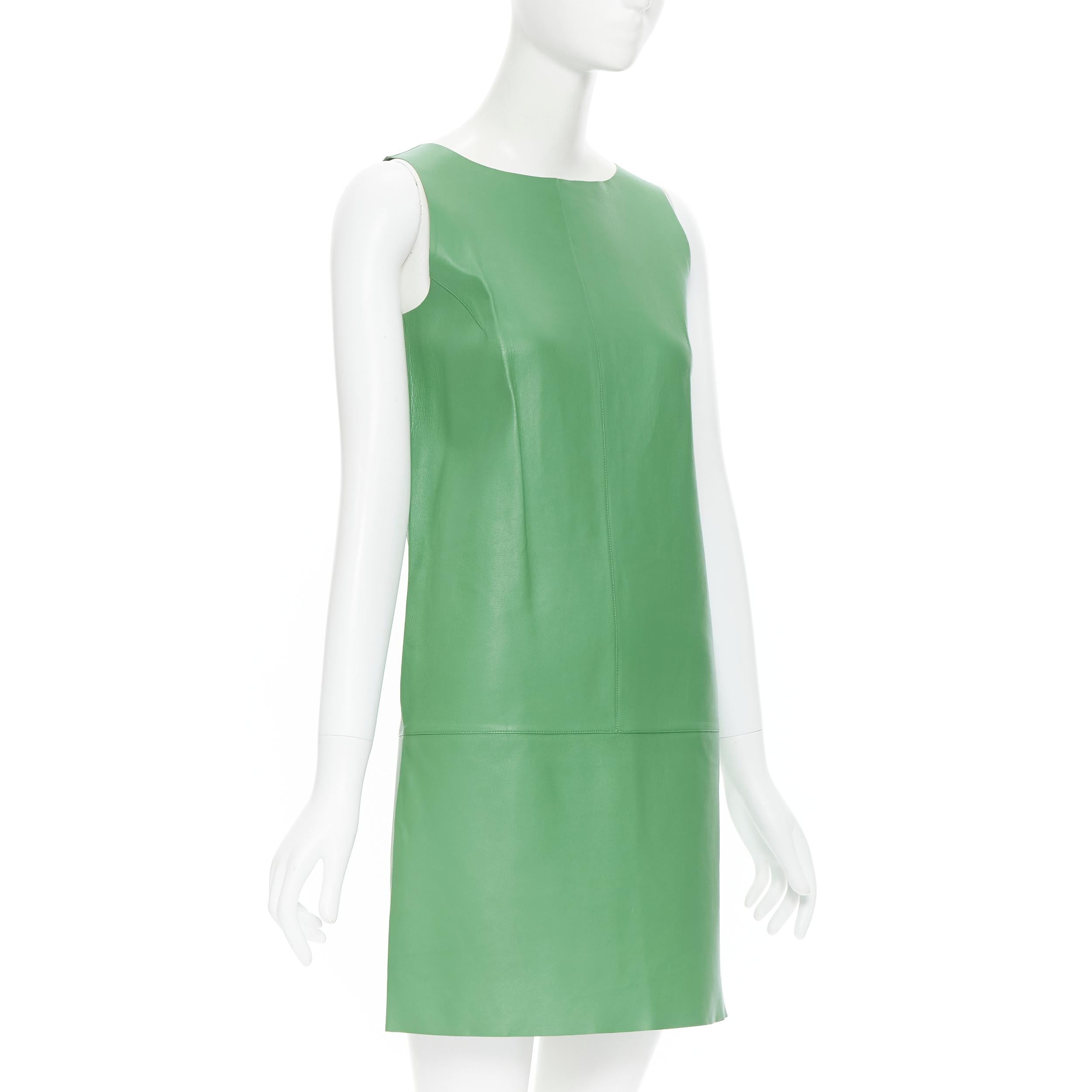 RALPH LAUREN Purple Collection kelly green leather mini dress US2 XS 
Reference: LNKO/A01806 
Brand: Ralph Lauren 
Material: Leather 
Color: Green 
Pattern: Solid 
Closure: Zip 
Extra Detail: Boa neck. Bust dart. Zip back closure. 
Made in: Italy