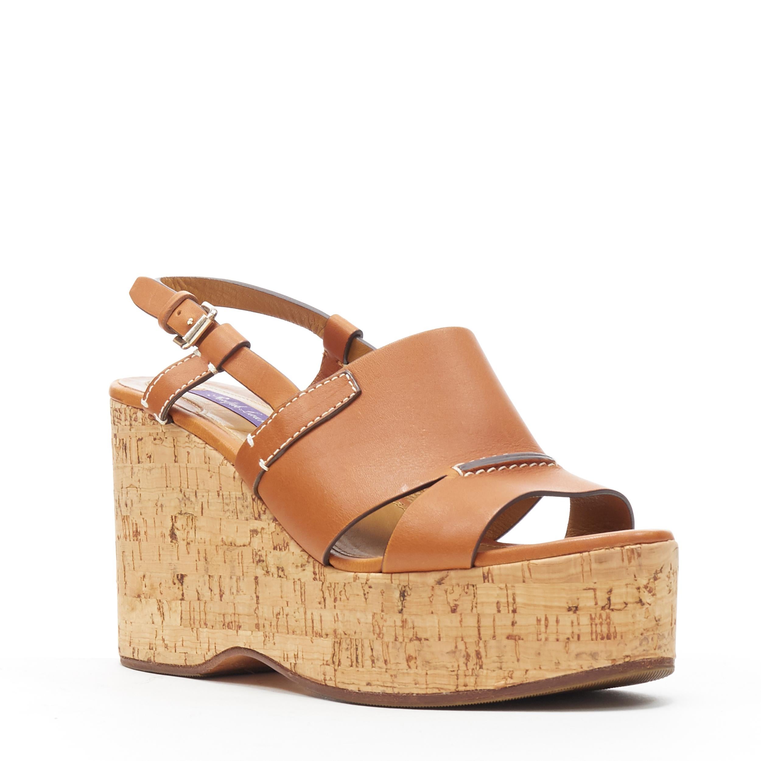 RALPH LAUREN Purple Collection tan brown leather cork wedge platform EU37.5 
Reference: LNKO/A01679 
Brand: Ralph Lauren 
Material: Leather 
Color: Brown 
Pattern: Solid 
Extra Detail: Sling back. Silvertone hardware. Overstitch detail. Cork