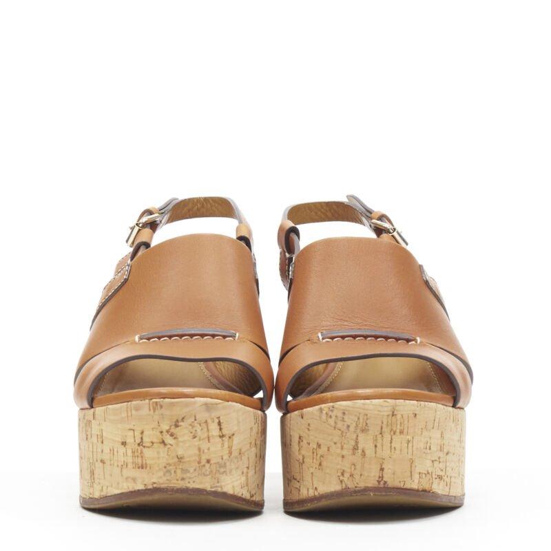 Beige RALPH LAUREN Purple Collection tan brown leather cork wedge platform EU37.5 For Sale
