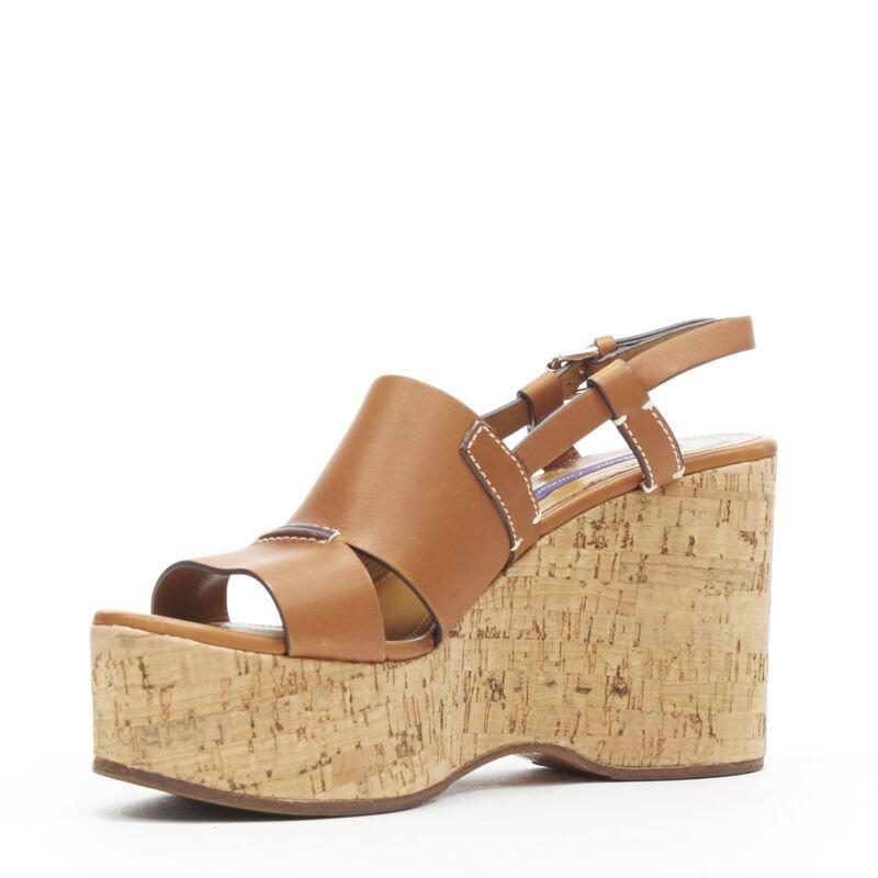 RALPH LAUREN Purple Collection tan brown leather cork wedge platform EU37.5 In Good Condition For Sale In Hong Kong, NT