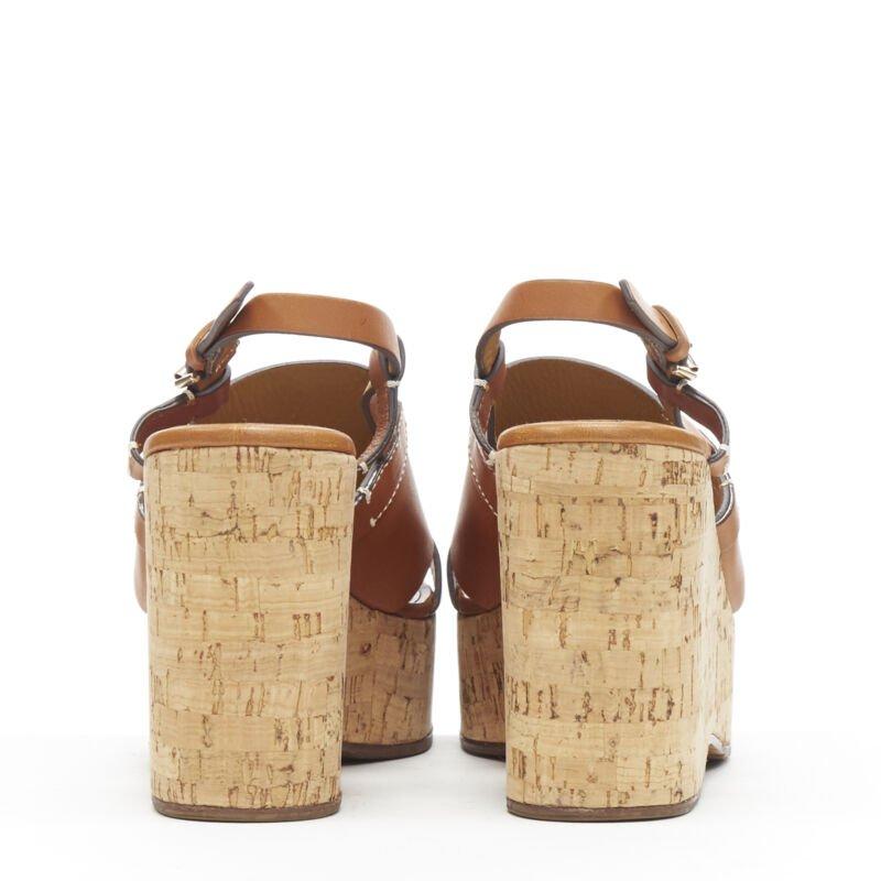 Women's RALPH LAUREN Purple Collection tan brown leather cork wedge platform EU37.5 For Sale