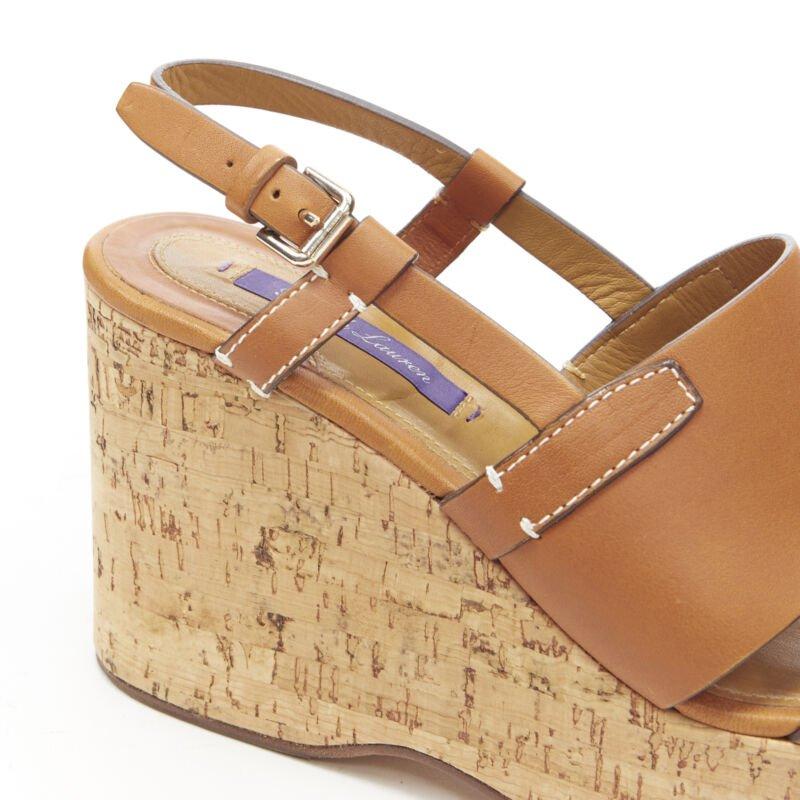 RALPH LAUREN Purple Collection tan brown leather cork wedge platform EU37.5 For Sale 3