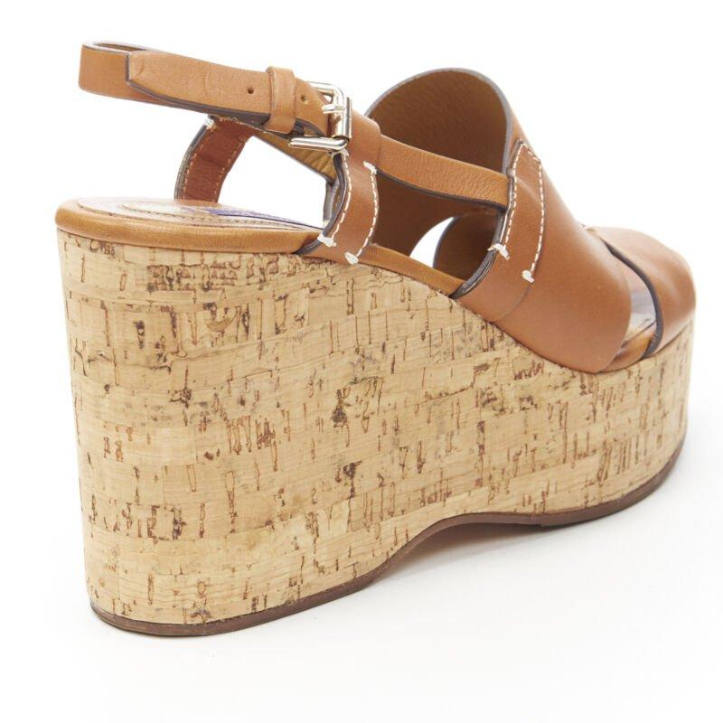RALPH LAUREN Purple Collection tan brown leather cork wedge platform EU37.5 For Sale 4