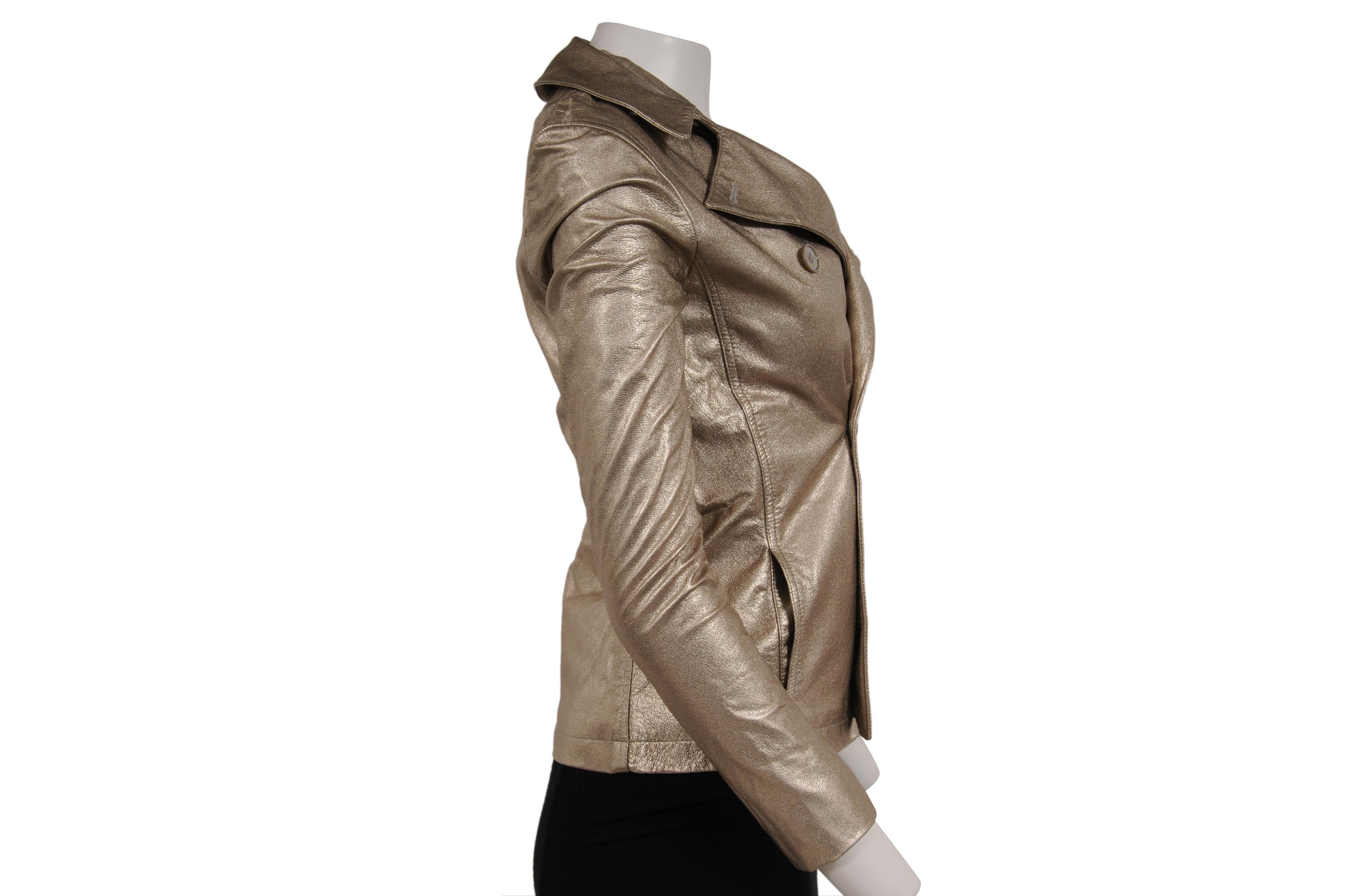 Ralph Lauren Chaqueta Buker Púrpura Doble Pechera Talla Mediana Abrigo Cuero Dorado Marrón en venta